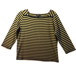 American Living Top Women's Medium Blue Yellow Stripes 3/4 Sleeve Boat Neck